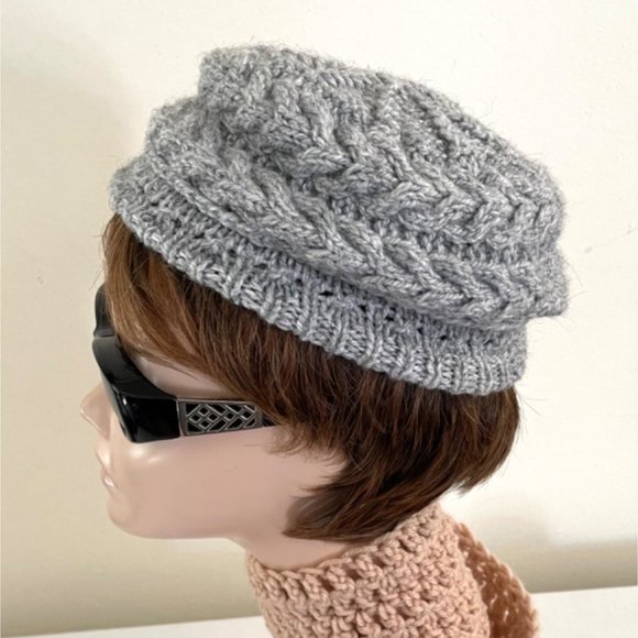 Handmade Knit Winter Kids Hat Cap Gray Cableknit OS - Picture 3 of 9